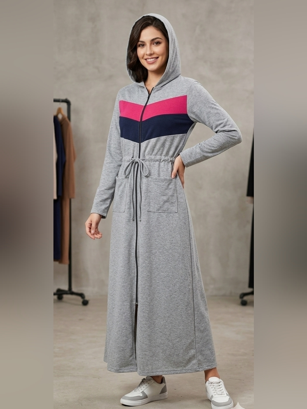 Dress Cotton Women's Gray And Blue Hooded Robe Size M